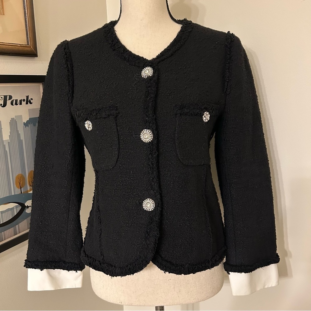 Zara Basic Black Cropped Textured Blazer Rhinestone Buttons Size M